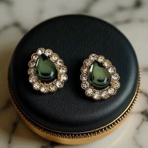 Dark Green Teardrop Stud Earrings with Rhinestones Halo Stud Earrings NWOT